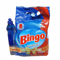 Прах за пране Бинго / Bingo 2 килограмаq 20 дози с подарък препарат за съдове Бинго 500 милилитра за цветни дрехи