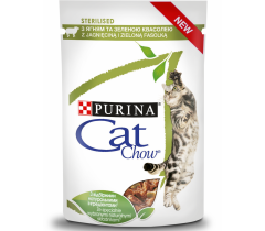 Храна за кастрирани котки Кет Чоу / Cat Chow Sterilised пауч 85 грама с вкус на агнешко месо и зелен фасул в сос