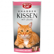 Лакомство за котки Перфекто Кет хапки джоб / Perfecto Cat Knabber Kissen 50 грама с вкус на сьомга