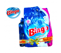 Прах за пране Бинго / Bingo 2 килограма с подарък препарат за съдове Бинго 500 милилитра за бели и цветни дрехи