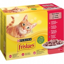 Храна за котки Фрискис / Friskies пауч - мултипак 12 броя х 85 грама с вкус на пилешко, говеждо, агнешко и патешко месо в сос