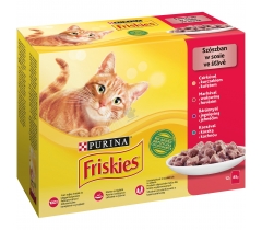 Храна за котки Фрискис / Friskies пауч - мултипак 12 броя х 85 грама с вкус на пилешко, говеждо, агнешко и патешко месо в сос