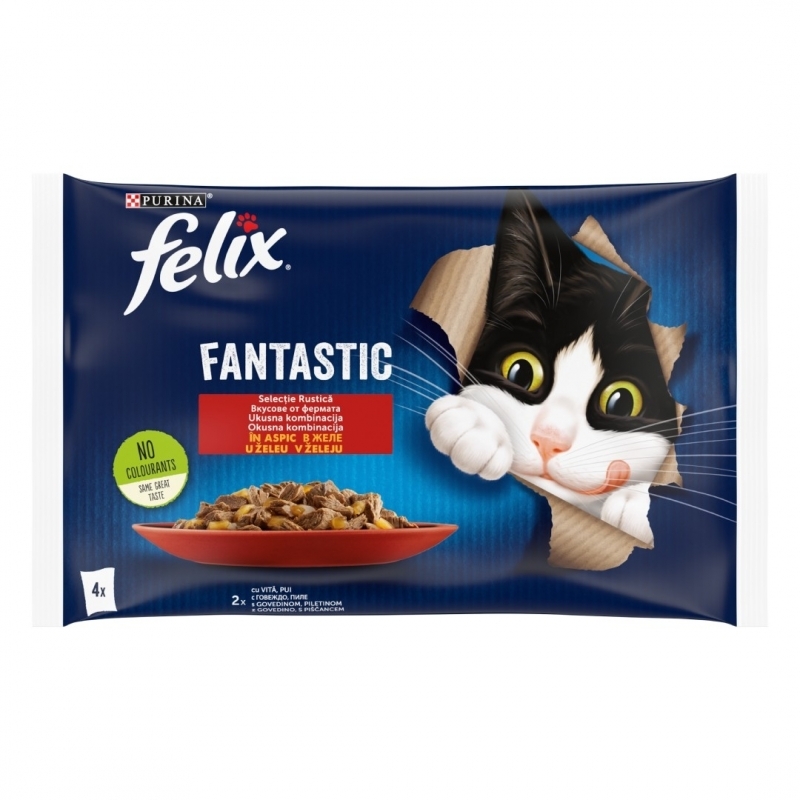 Храна за котки Феликс Фантастик / Felix Fantastic пауч - мултипак 4 броя х 0.85 грама с вкус на говеждо и пилешко месо в желе